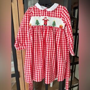 Smockingbird Christmas long sleeve gingham smocked dress toddler girl santa bow